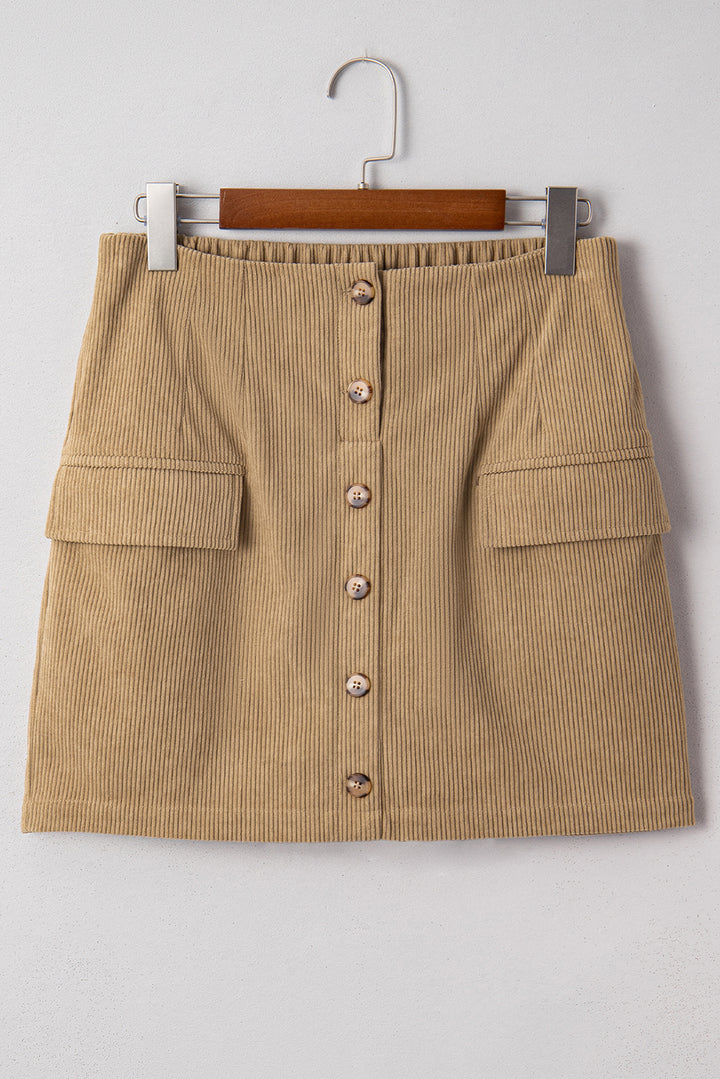 Camel Corduroy Buttoned Front Faux Pockets Mini Skirt