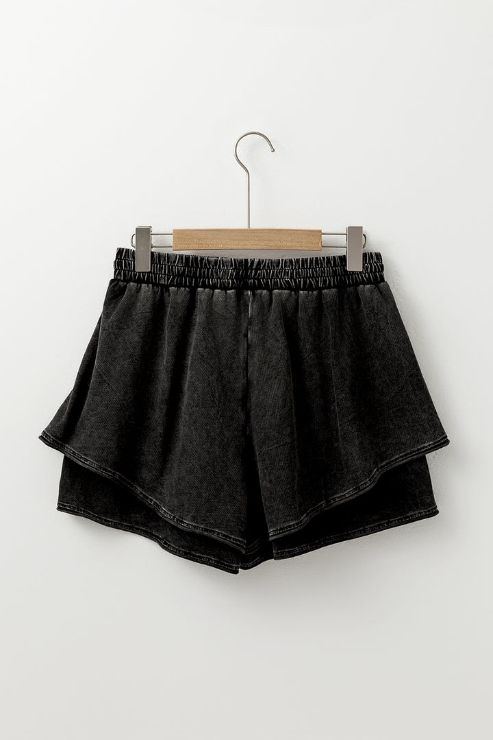 Black Mineral Wash French Terry Drawstring Elastic Waistband Casual Shorts