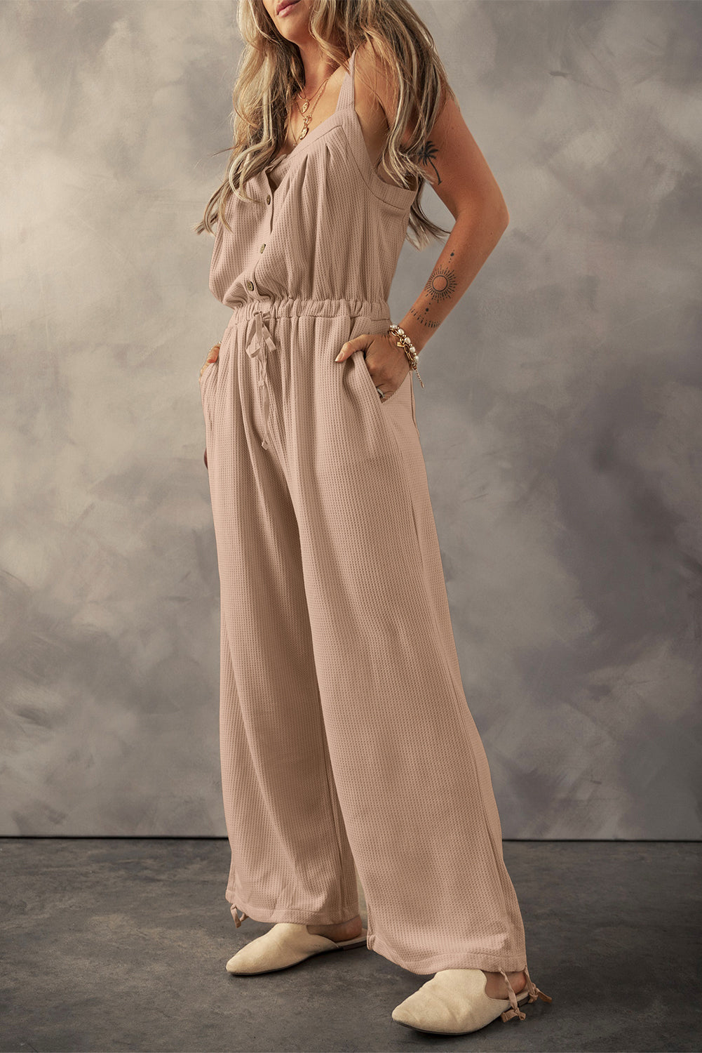 Pale Khaki Knotted Straps Button Textured Drawstring Jumpsuit | Women