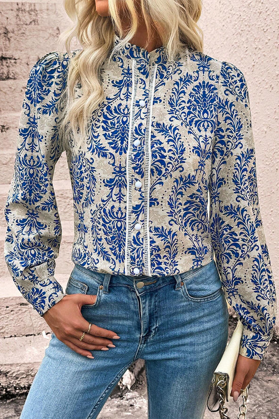 Sky Blue Bohemian Printed Bishop Sleeve Lace Shirt | Women