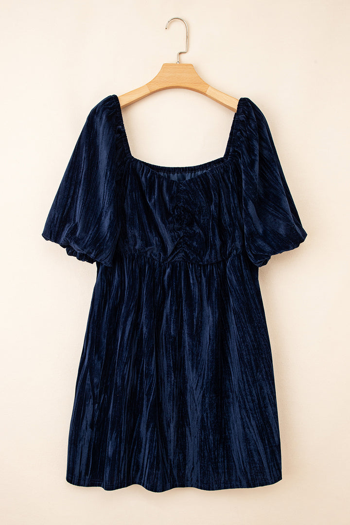 Navy Blue Velvet Ruched Bust Square Neck Short Puff Sleeve Plus Dress