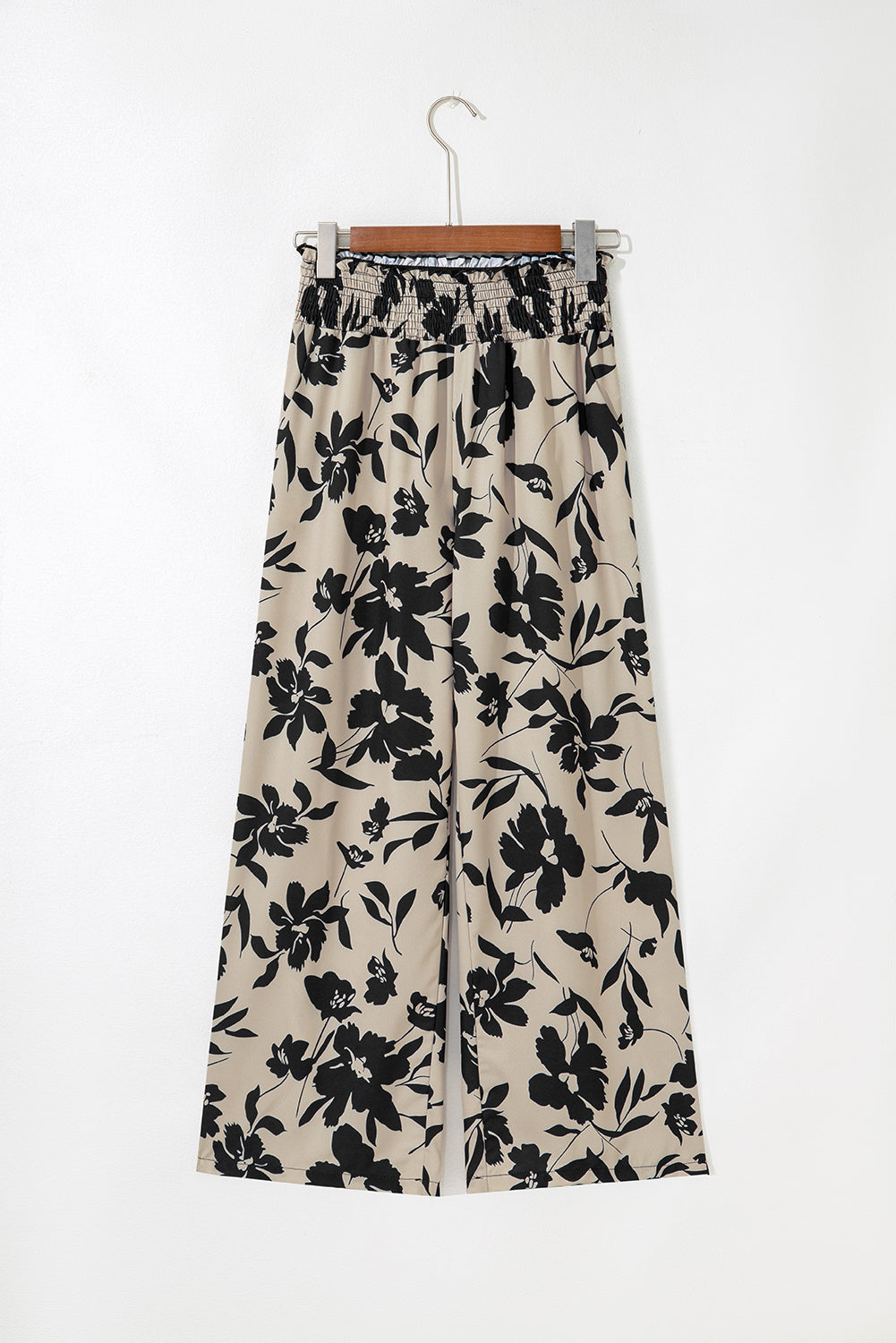 Khaki Floral Print Smocked High Waist Wide Leg Pants
