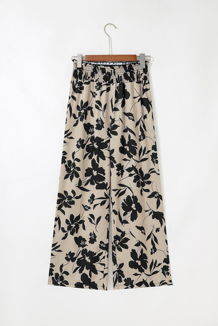 Khaki Floral Print Smocked High Waist Wide Leg Pants