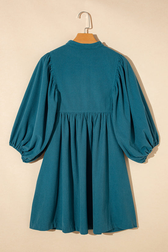 Blue Corduroy Snap Buttons Empire Waist Braselet Sleeve Dress