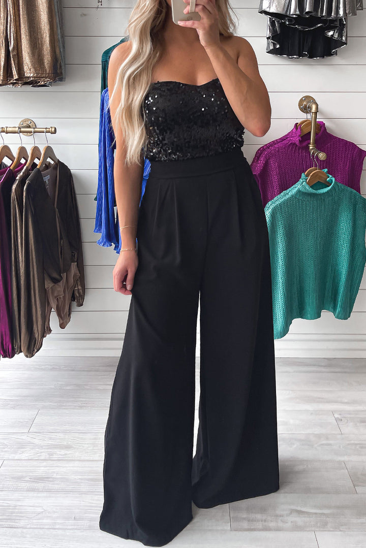 Black Sequin Tube Top Wide Leg Jumpsuit