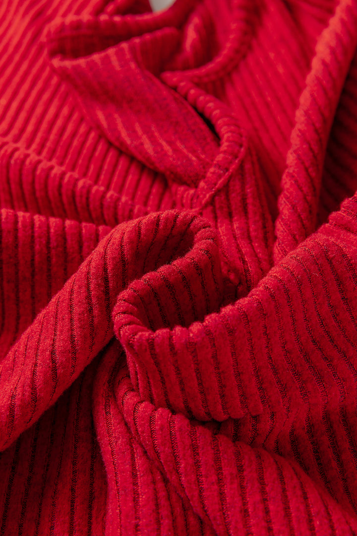 Racing Red Ribbed Notched Neck Knit Long Sleeve Leggings Two Pieces Lounge Set