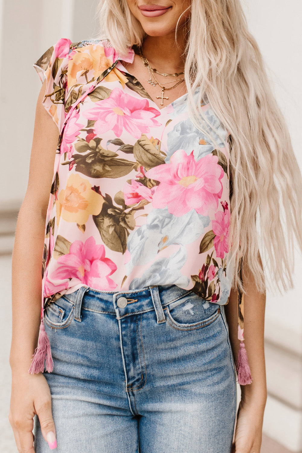 Pink Floral Print Tassel Tie Short Sleeve Blouse | Women