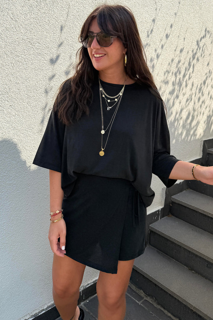 Black Solid Color Oversize Tee Tie Wrap Mini Skort 2pcs Set