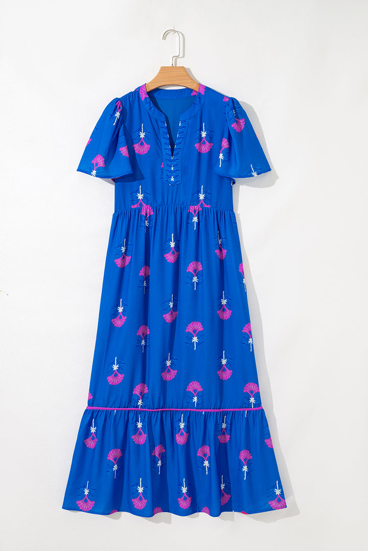 Blue Floral Print Notched Neck Butterfly Sleeve Shift Long Dress