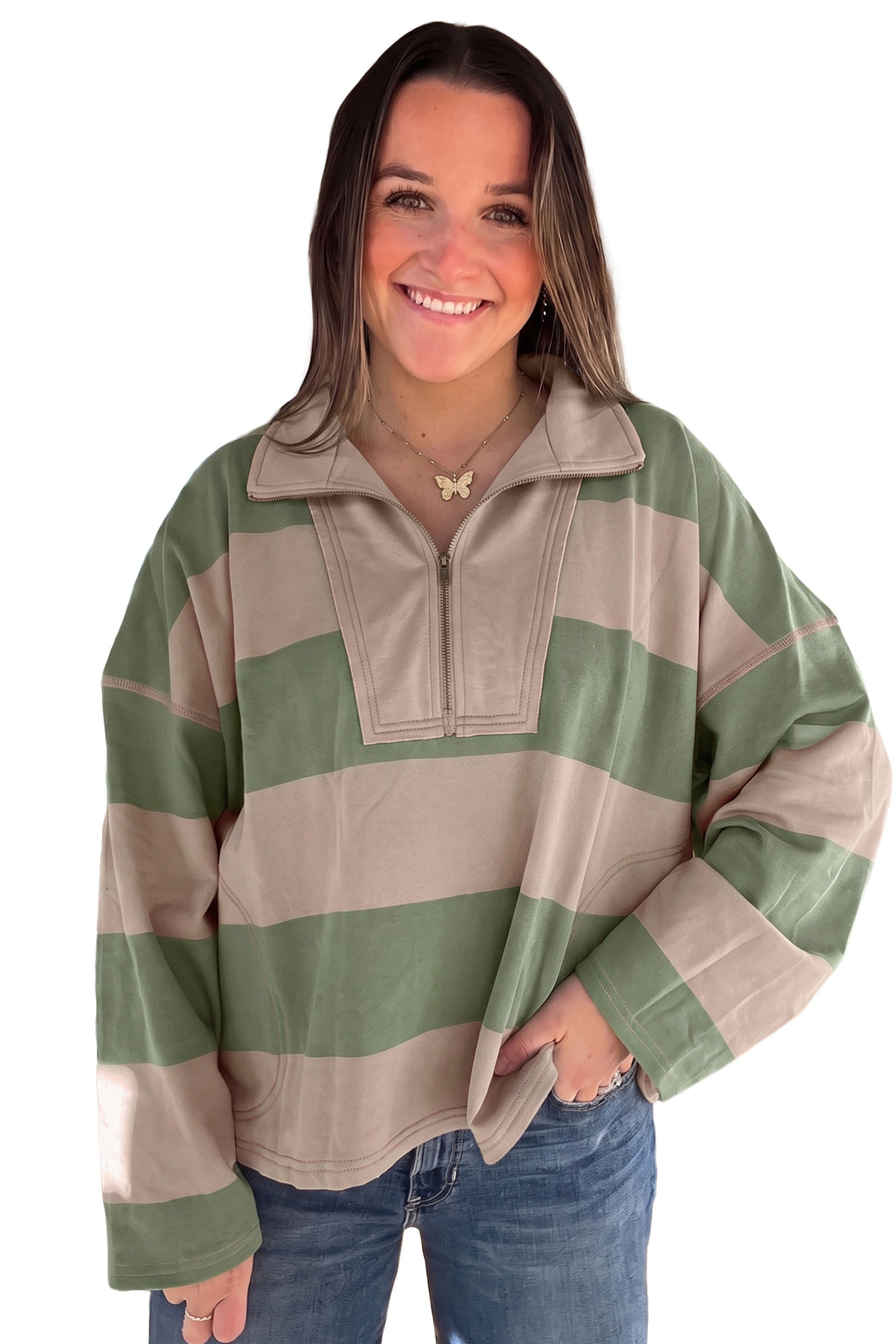 Green Striped Colorblock Zipper Pullover Long Sleeve Loose Top