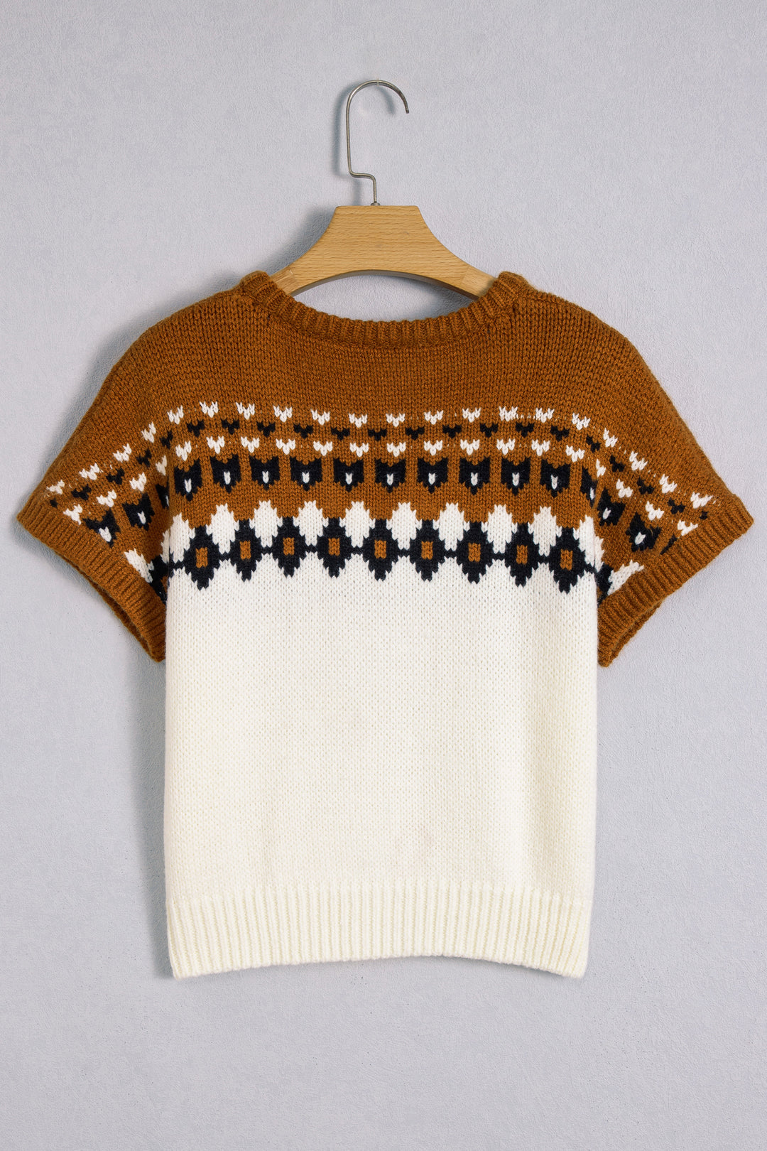 Brown V Neck Short Sleeve Geometric Print Western Style Knit Tee