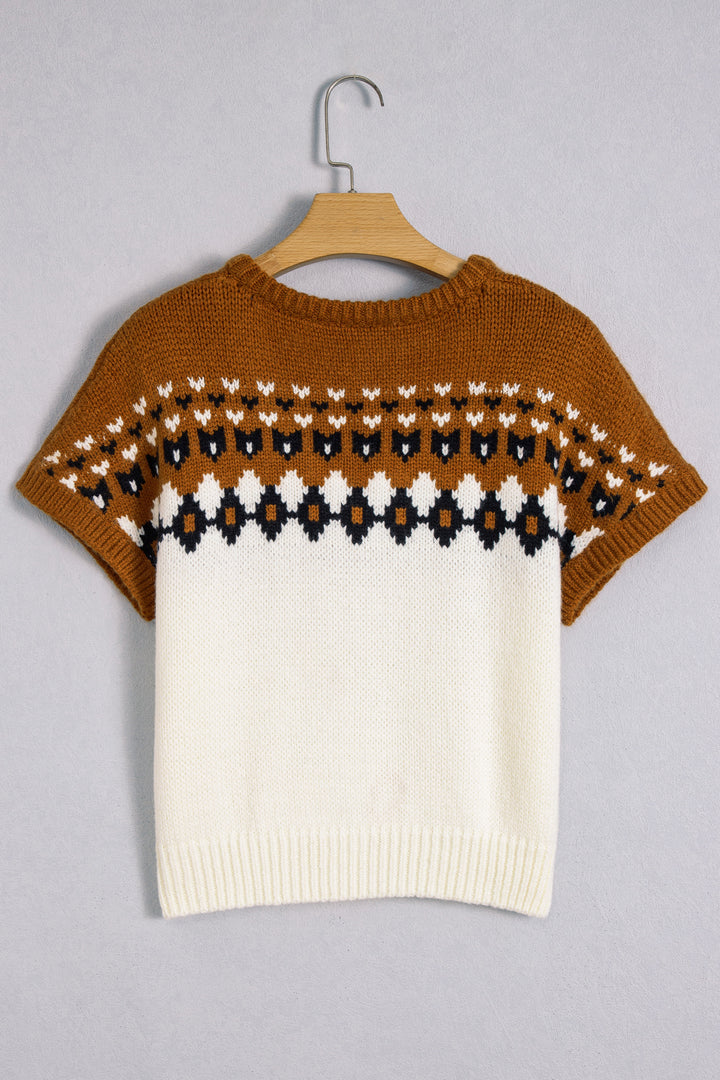 Brown V Neck Short Sleeve Geometric Print Western Style Knit Tee
