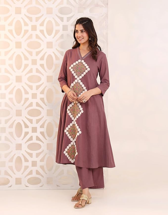 Women’s Mauve Embroidered Kurta Set with Palazzo Pants
