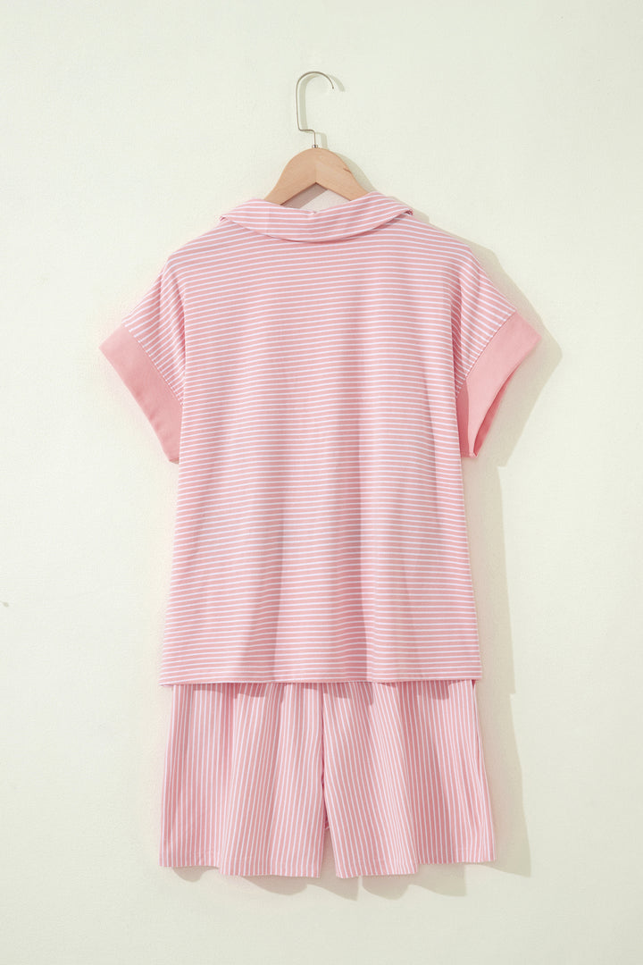 Pink Stripe Dolman Sleeve Polo Shirt and Drawstring Shorts Set