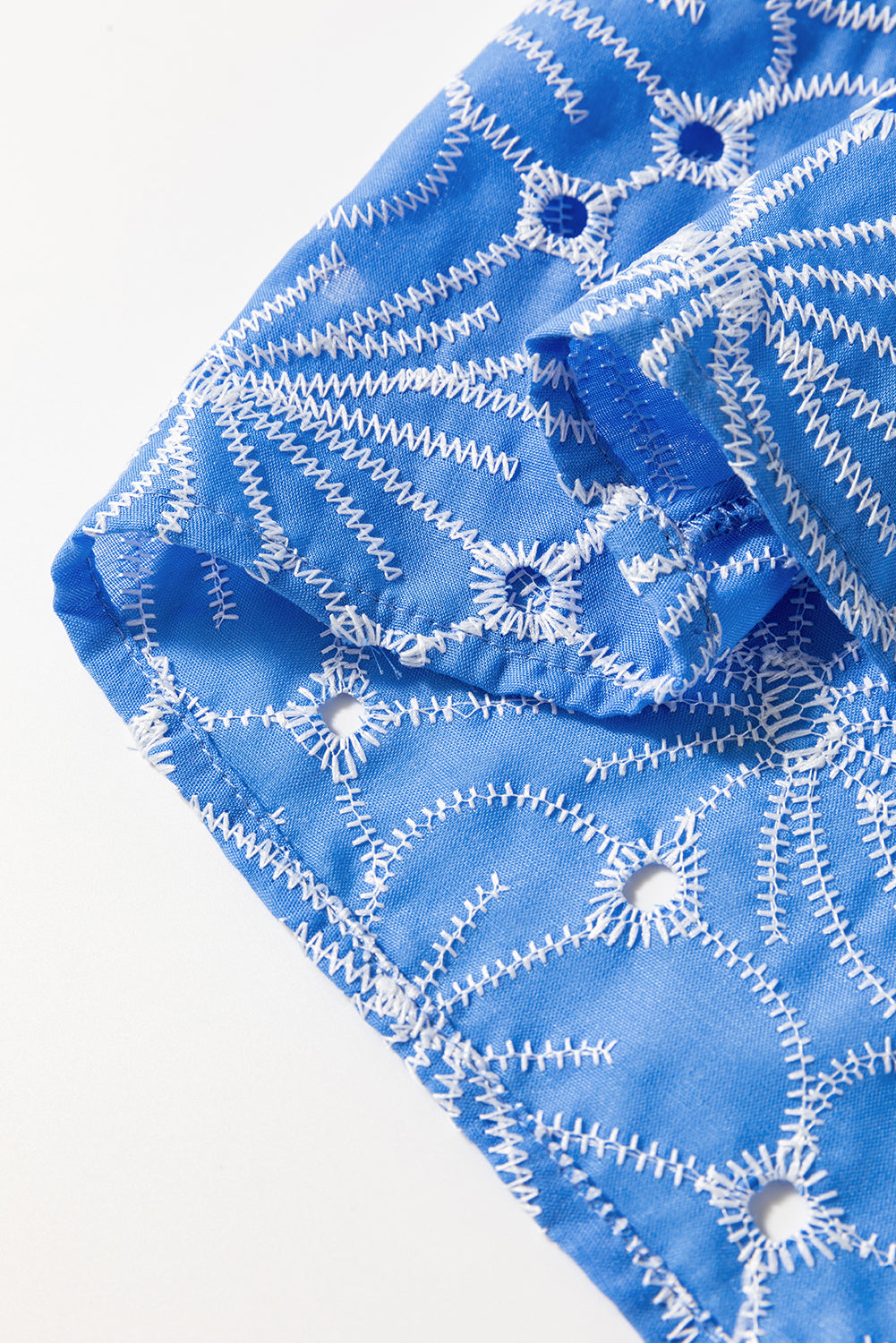 Sky Blue Eyelet Flower Embroidery Frilled Short Puff Sleeve Blouse