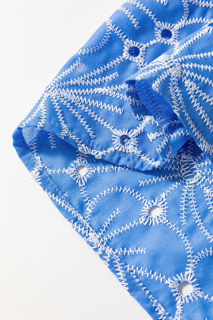 Sky Blue Eyelet Flower Embroidery Frilled Short Puff Sleeve Blouse