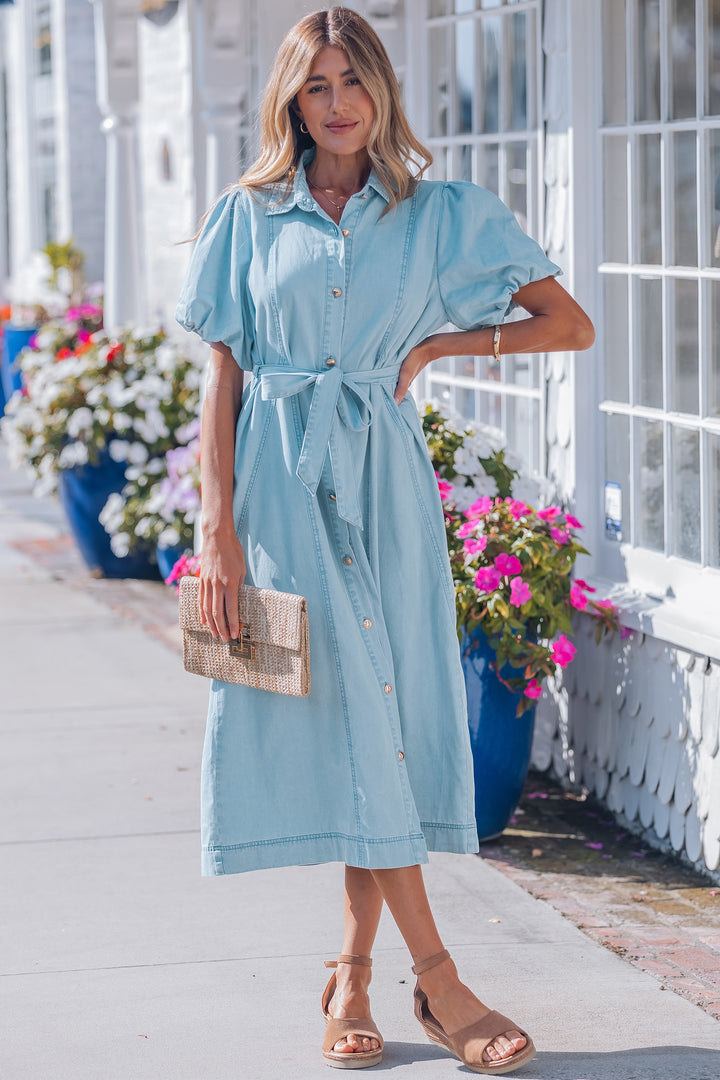 Beau Blue Full Buttons Collared Short Bubble Sleeve Long Denim Dress