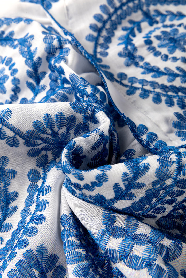 Blue Boho Embroidery Flutter Sleeve Crew Neck Blouse