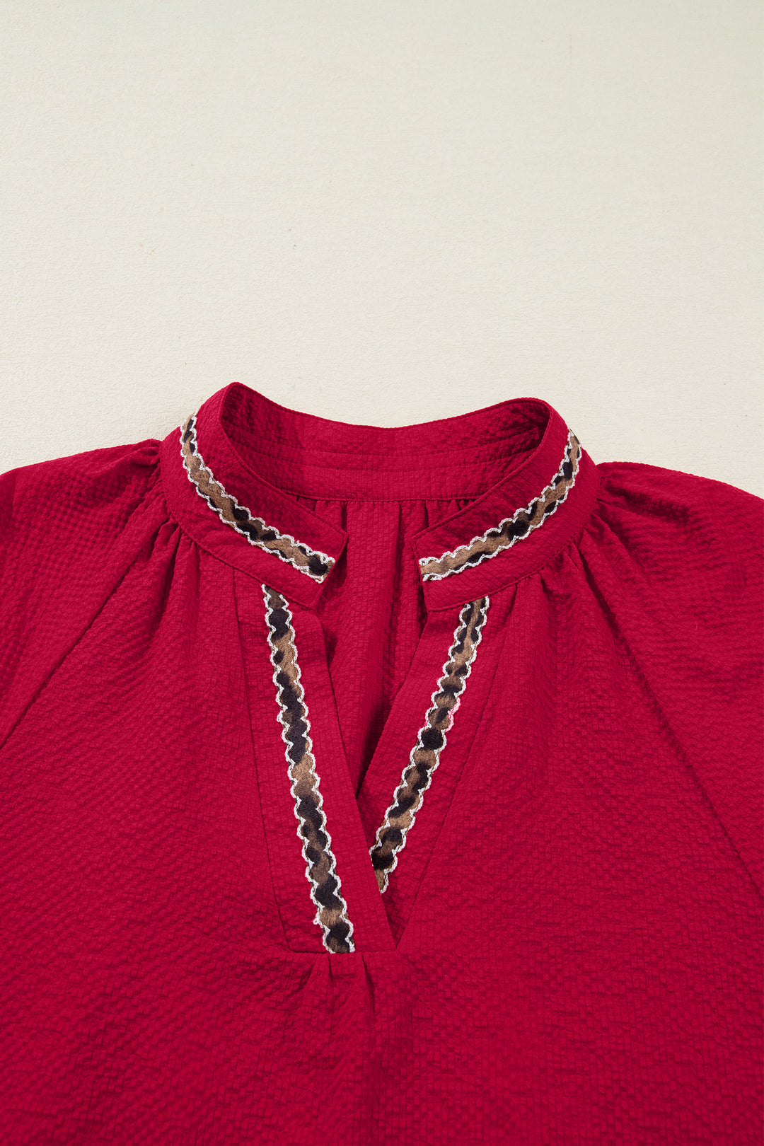 Racing Red Leopard Jacquard Print V Neck Textured Blouse