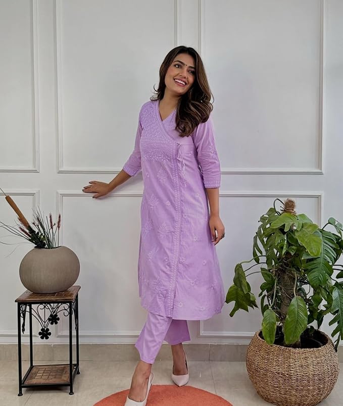 Embroidered A-Line Kurta with V-Neck &amp; Three-Quarter Sleeves