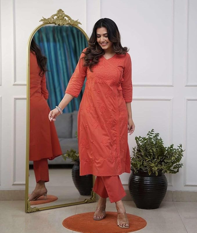 Embroidered A-Line Kurta with V-Neck &amp; Three-Quarter Sleeves