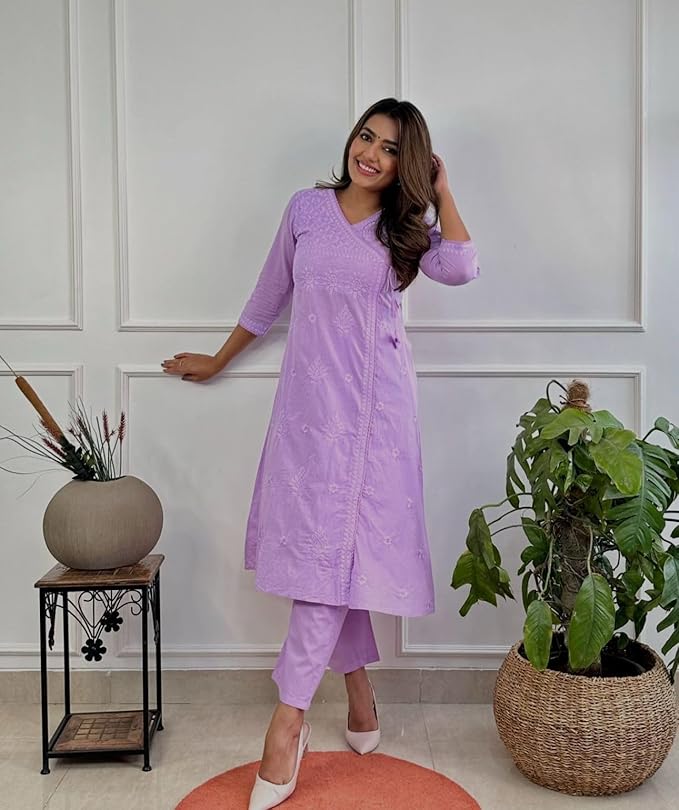 Embroidered A-Line Kurta with V-Neck &amp; Three-Quarter Sleeves