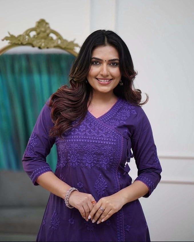Embroidered A-Line Kurta with V-Neck &amp; Three-Quarter Sleeves