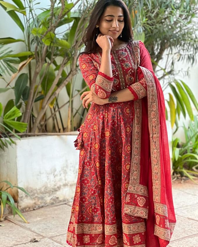 Red Printed Anarkali Suit Set with Matching Dupatta