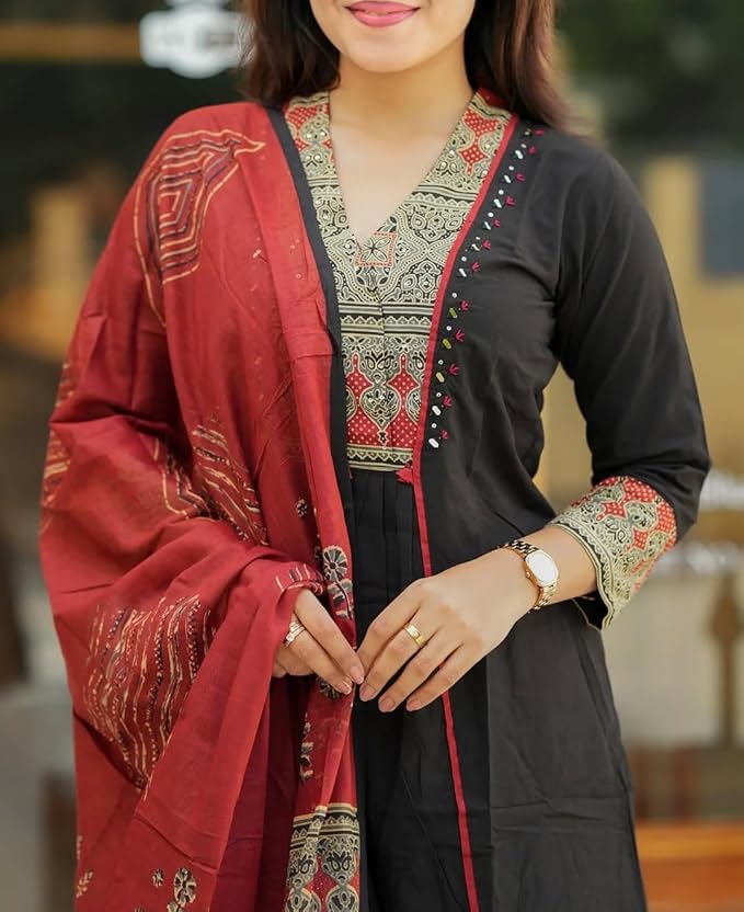 Women’s Ethnic Printed Kurta Set with Palazzo and Printed Dupatta