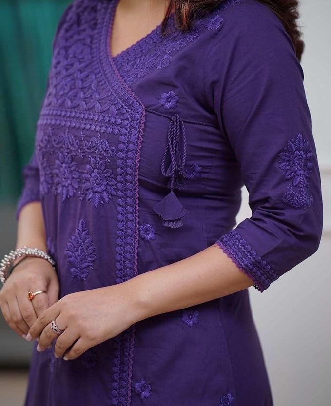 Embroidered A-Line Kurta with V-Neck &amp; Three-Quarter Sleeves