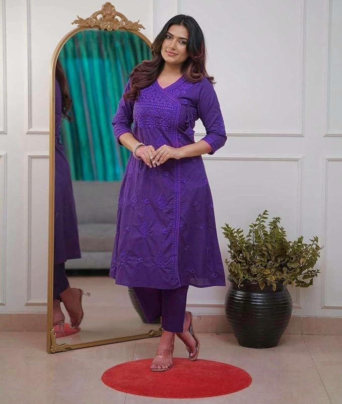 Embroidered A-Line Kurta with V-Neck &amp; Three-Quarter Sleeves