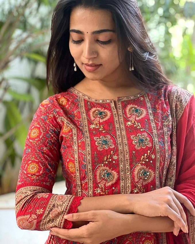 Red Printed Anarkali Suit Set with Matching Dupatta