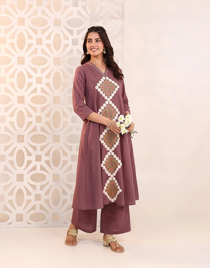 Women’s Mauve Embroidered Kurta Set with Palazzo Pants