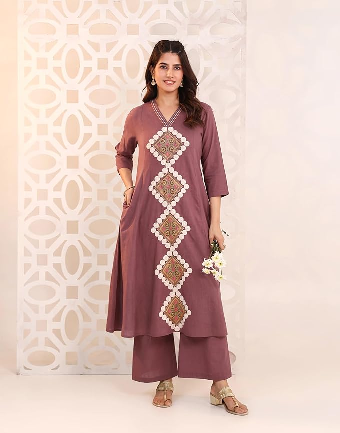 Women’s Mauve Embroidered Kurta Set with Palazzo Pants