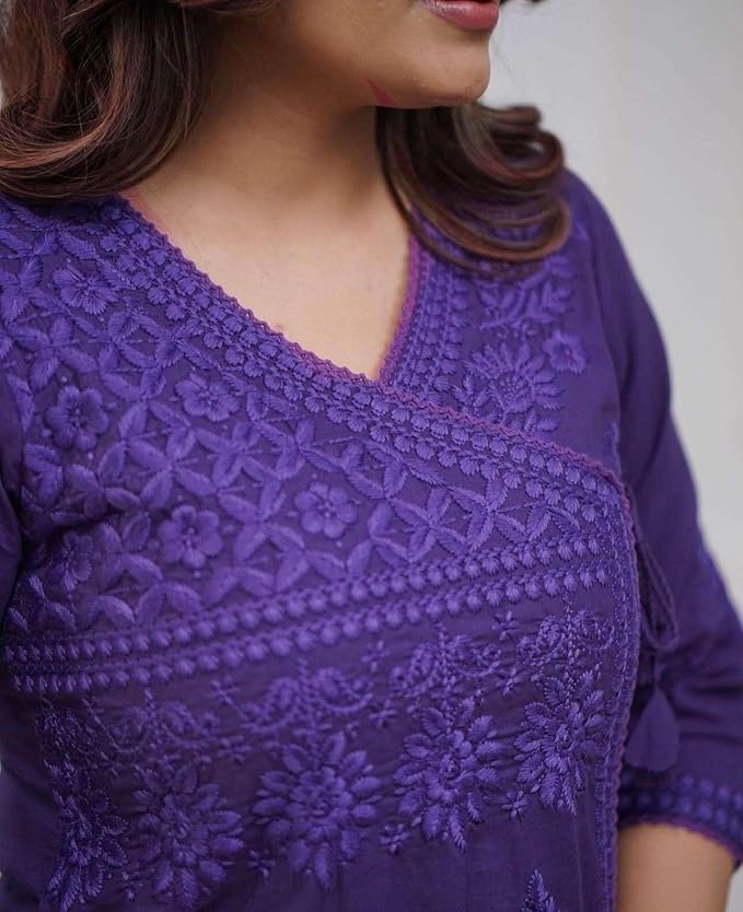 Embroidered A-Line Kurta with V-Neck &amp; Three-Quarter Sleeves