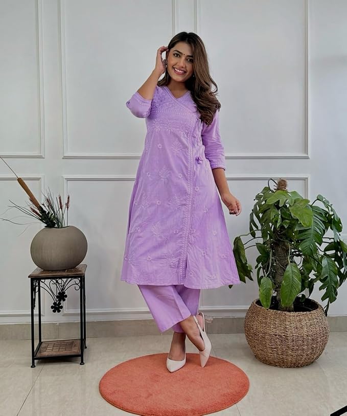 Embroidered A-Line Kurta with V-Neck &amp; Three-Quarter Sleeves
