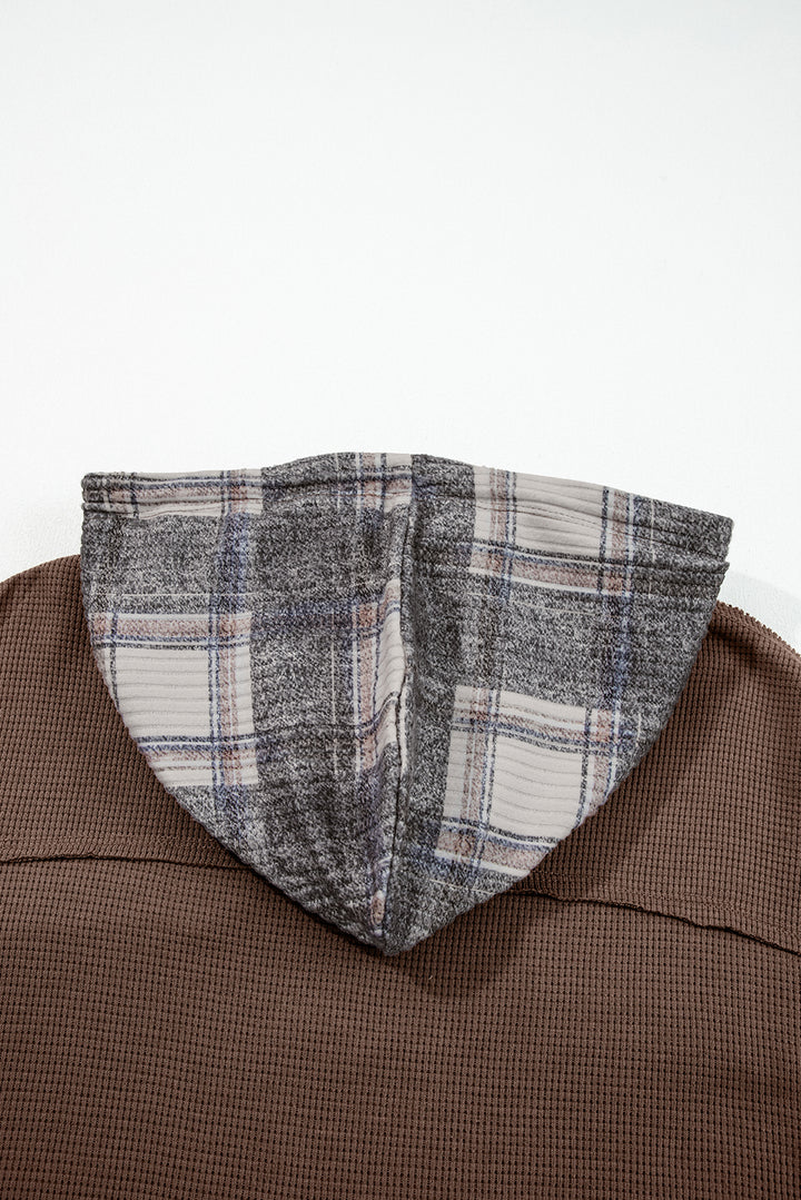 Brown Plaid Patchwork Button Down Drawstring Hooded Shacket