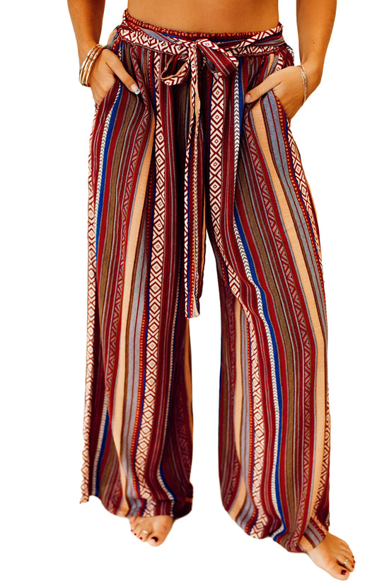 Red Boho Ethnic Striped Print Tie Waist Wide Leg Pants | Women