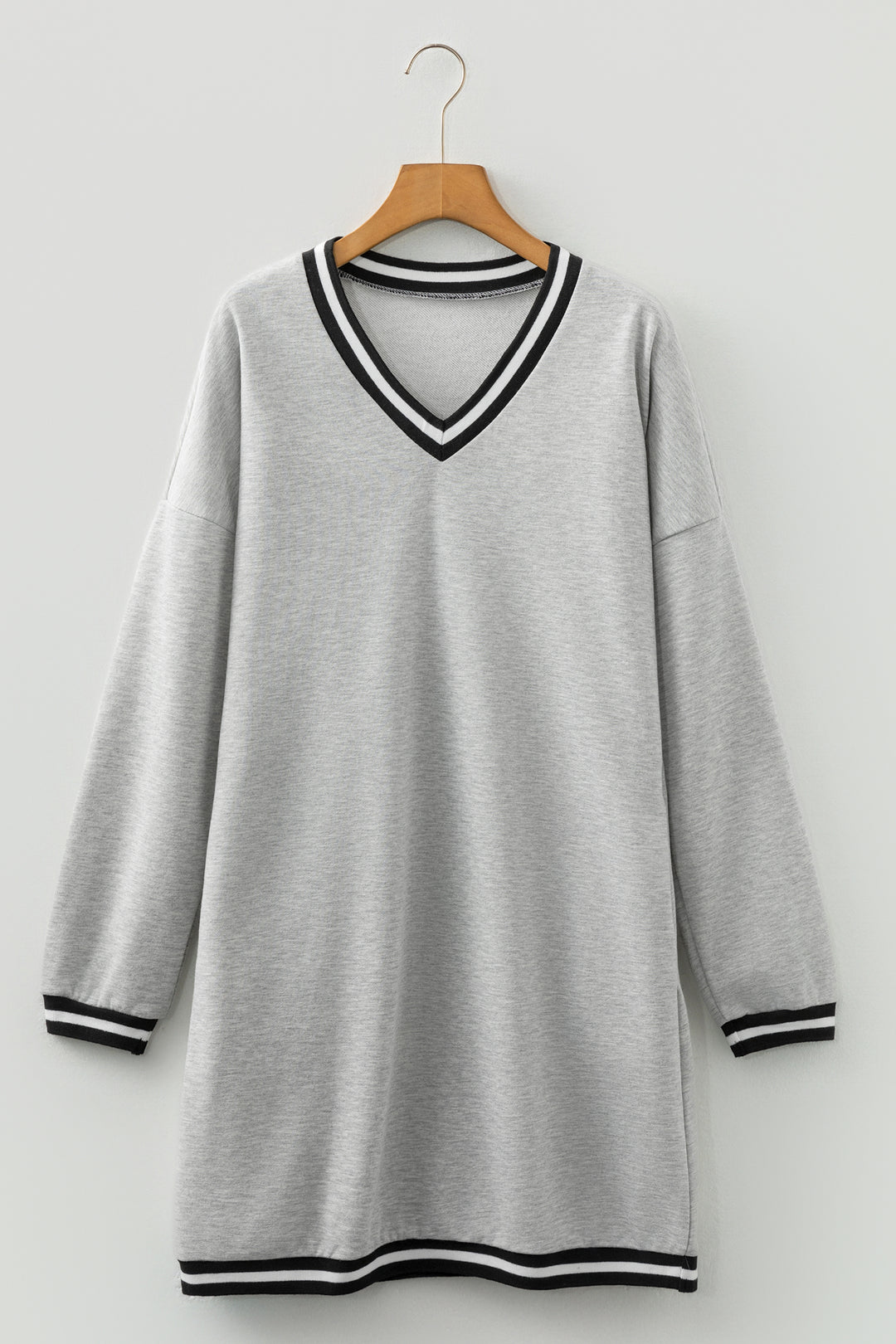Light Grey Striped Trim V Neck Long Sleeve Preppy T Shirt Dress
