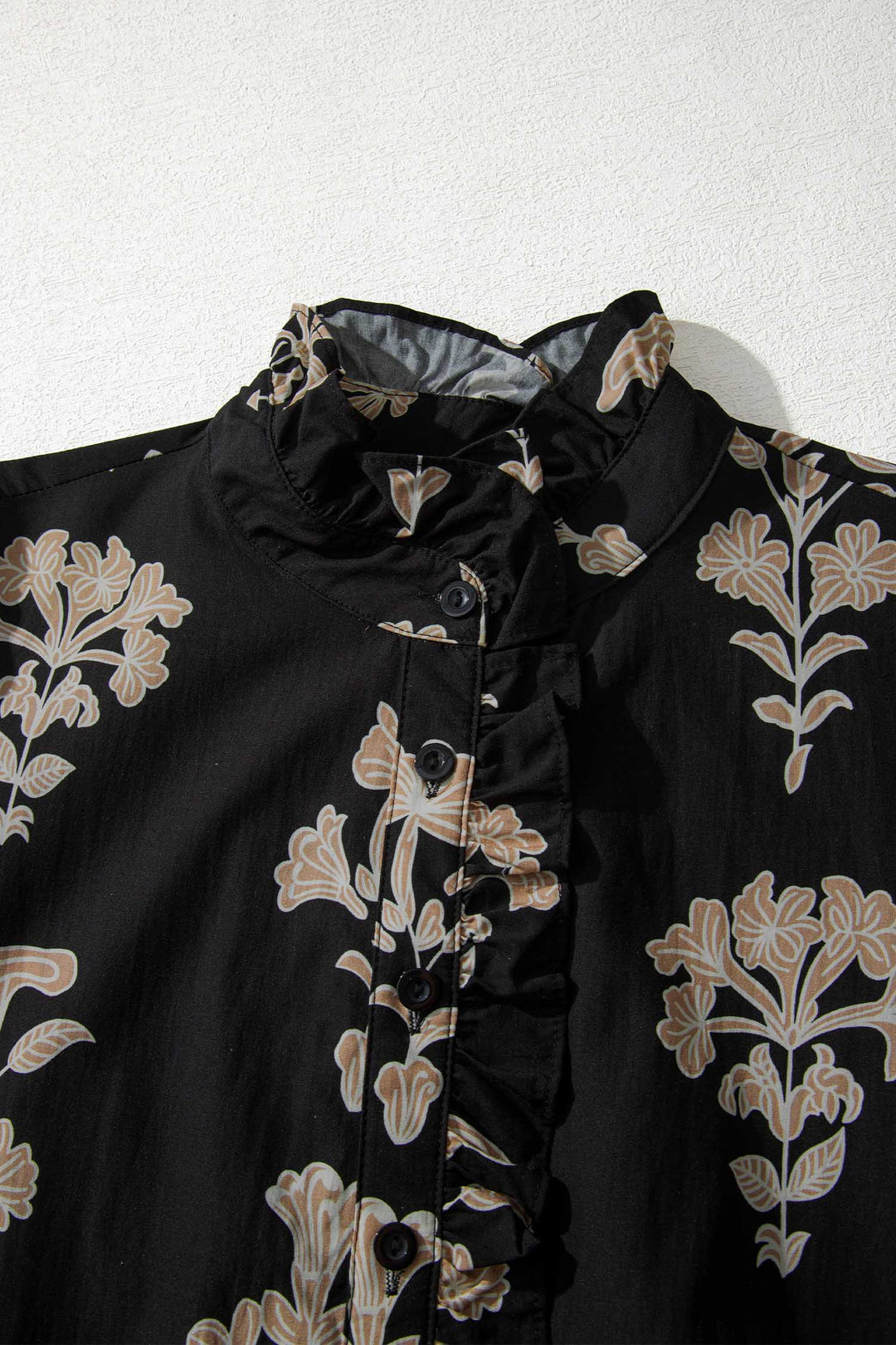 Black Floral Print Frilled Collar Short Puff Sleeve Maxi Dress