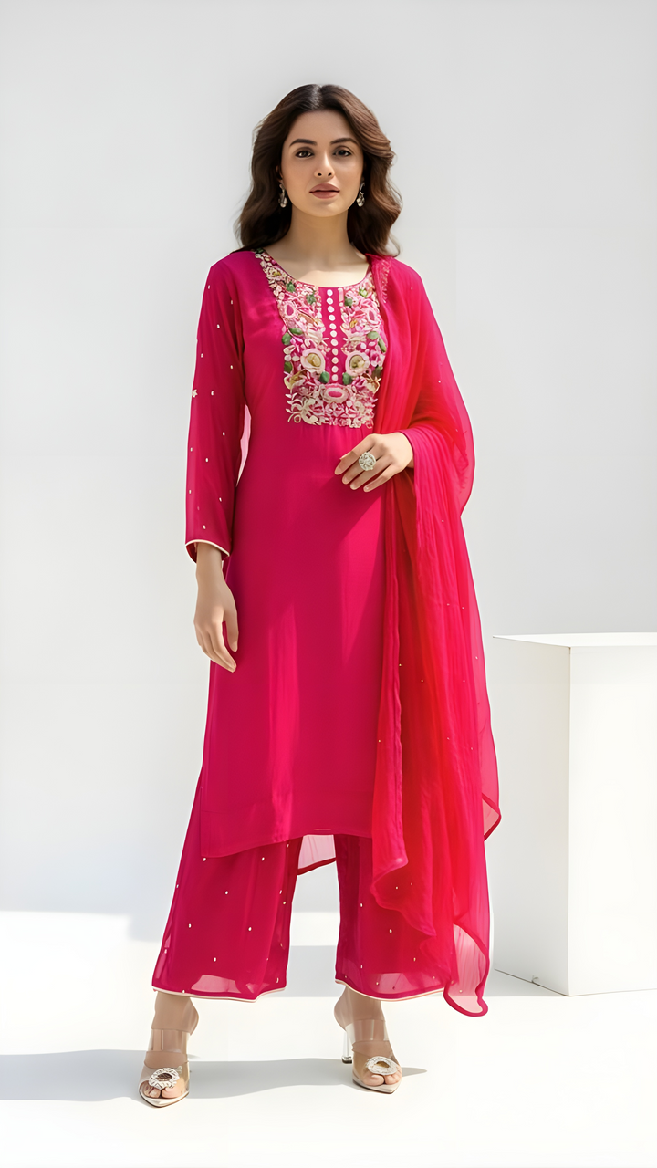 Pink Embroidered Satin Silk 3-Piece Kurta Set