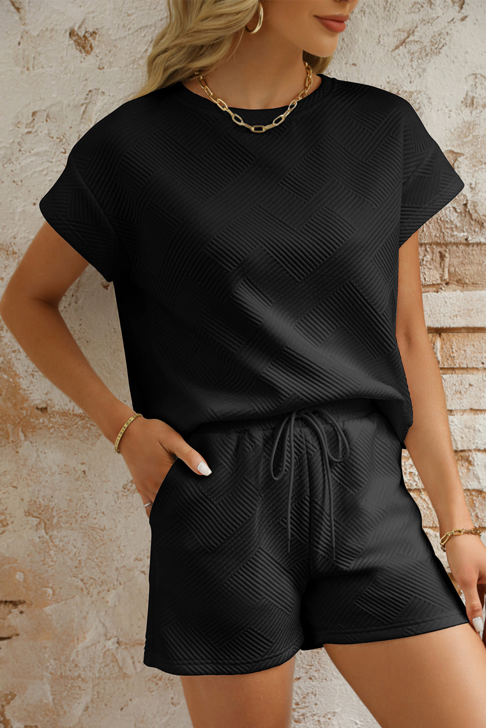 Navy Blue Textured Short Sleeve Top and Shorts Set