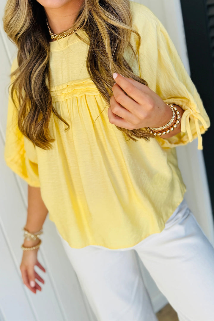 Mist Blue Tie Half Sleeve Pleated Detail Babydoll Blouse