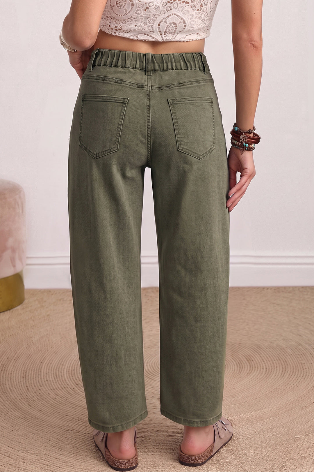 Beau Blue Solid Color Square Patch Pocket Ankle-length Barrel Jeans