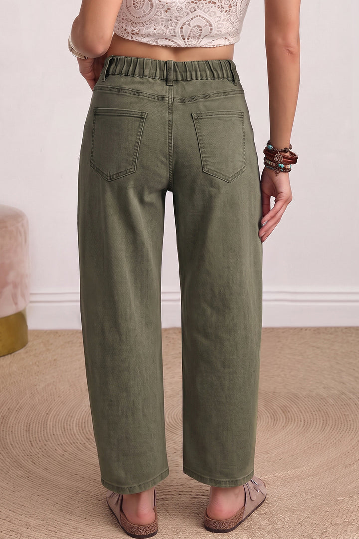 Beau Blue Solid Color Square Patch Pocket Ankle-length Barrel Jeans