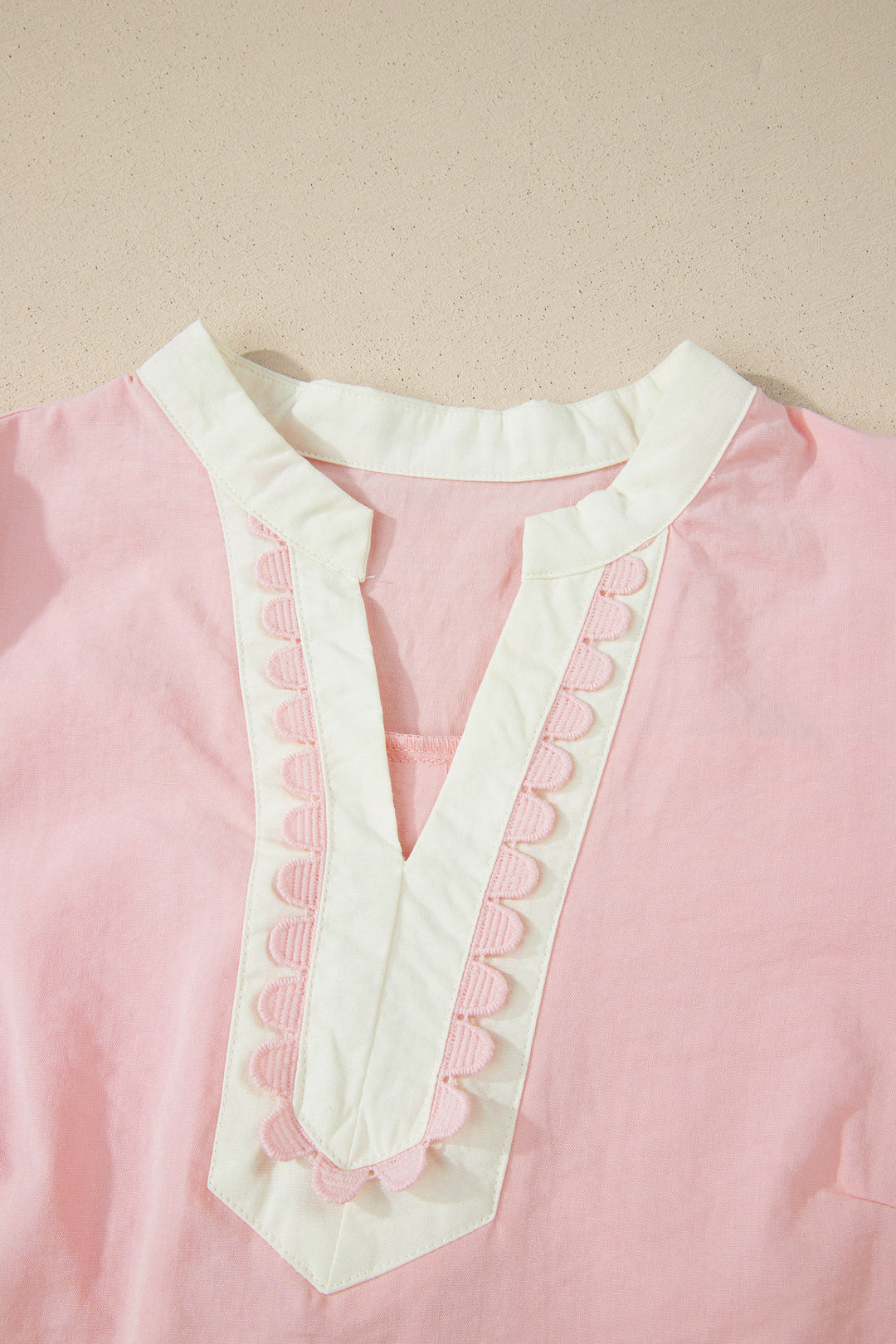Light Pink Scallop Color Block Trim Puff Sleeve Mini Dress