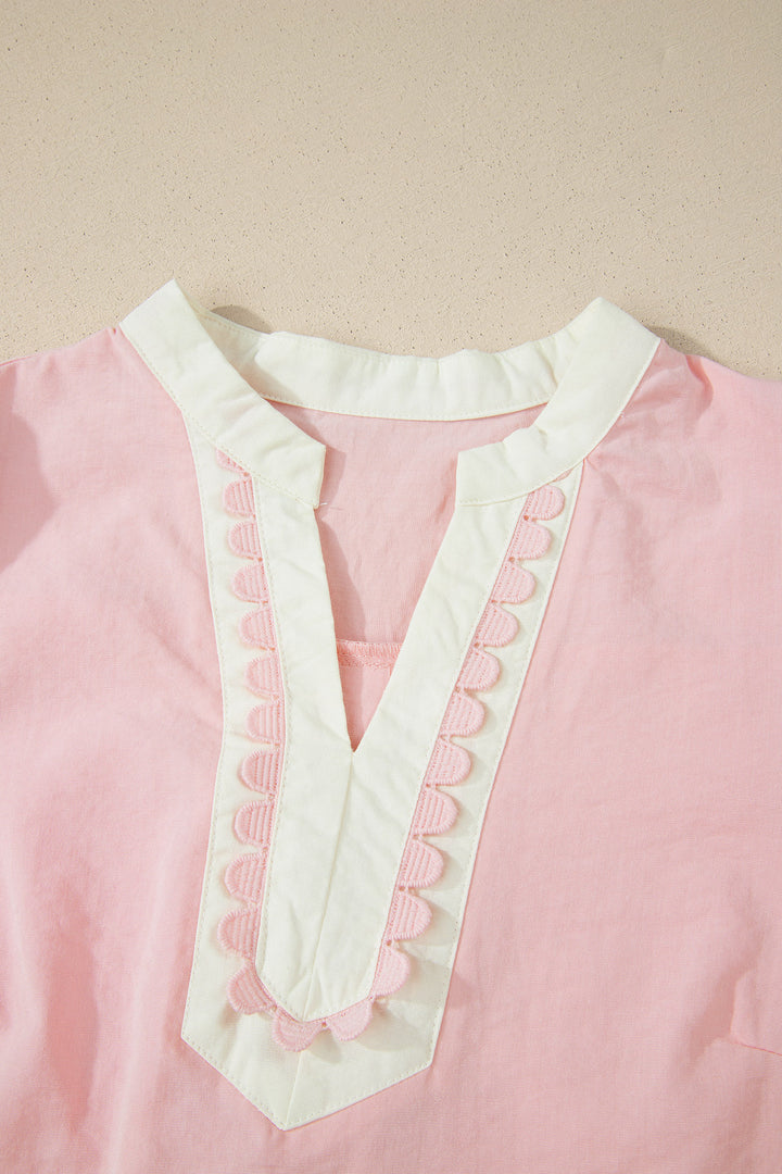 Light Pink Scallop Color Block Trim Puff Sleeve Mini Dress