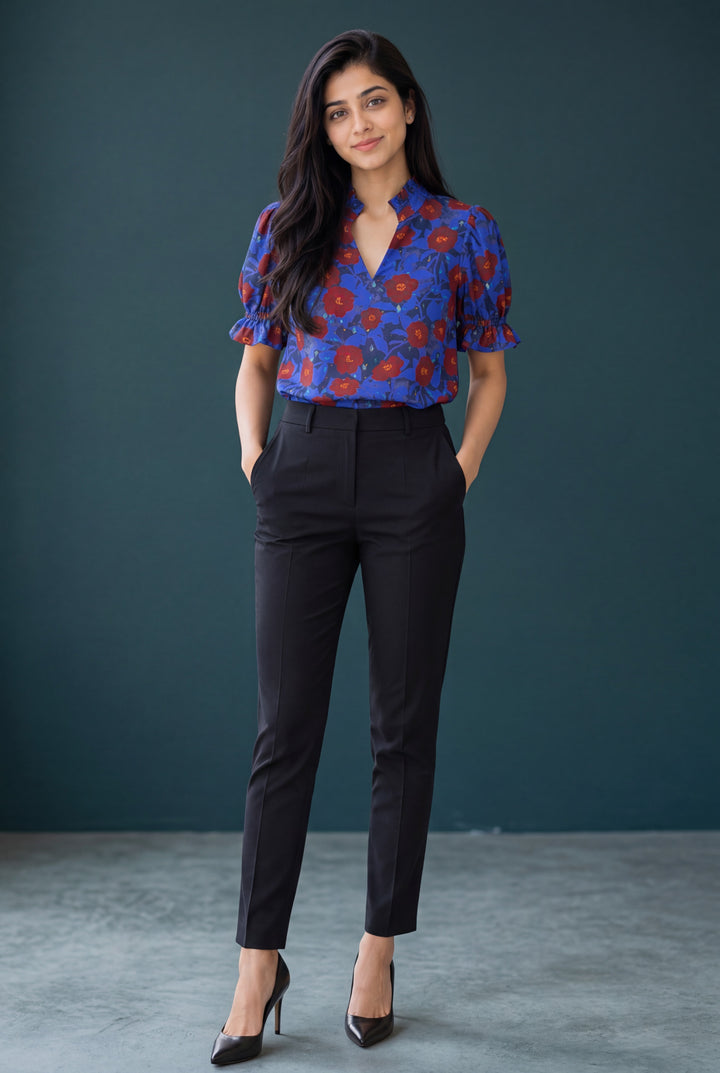 Blue Ruffled Short Balloon Sleeve Frilled V Neck Floral Blouse