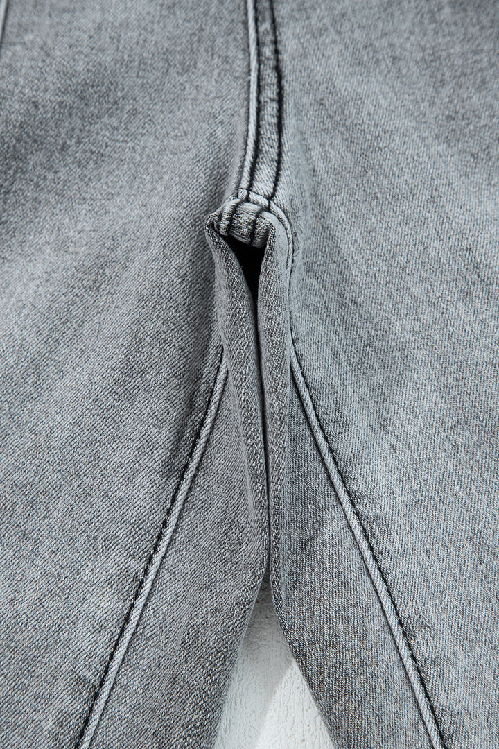 Gray Drawstring Seam Detail Raw Hem Wide Leg Denim Pants