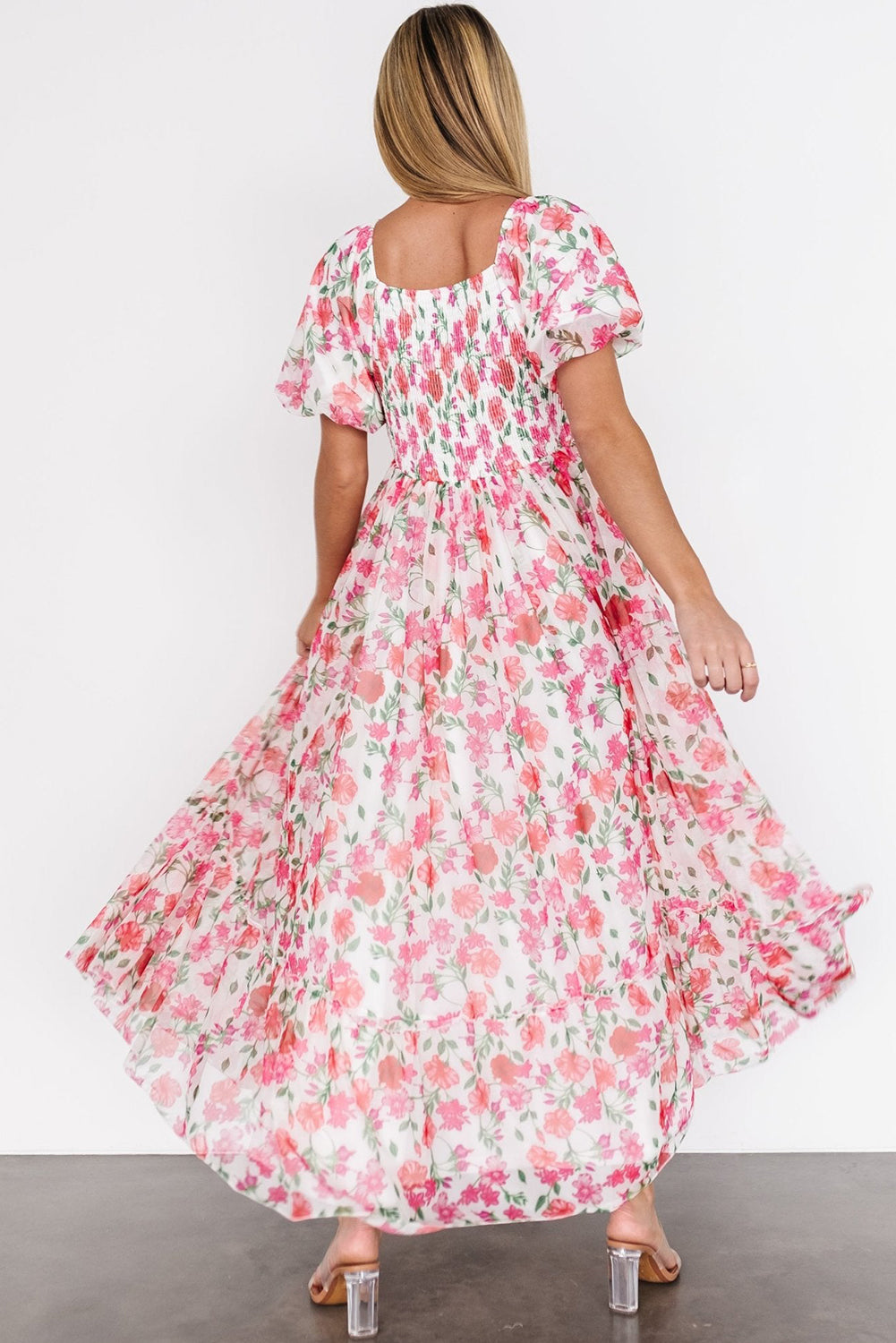 Pink Plus Size Floral Square Neck Puff Sleeve Ruffle Maxi Dress